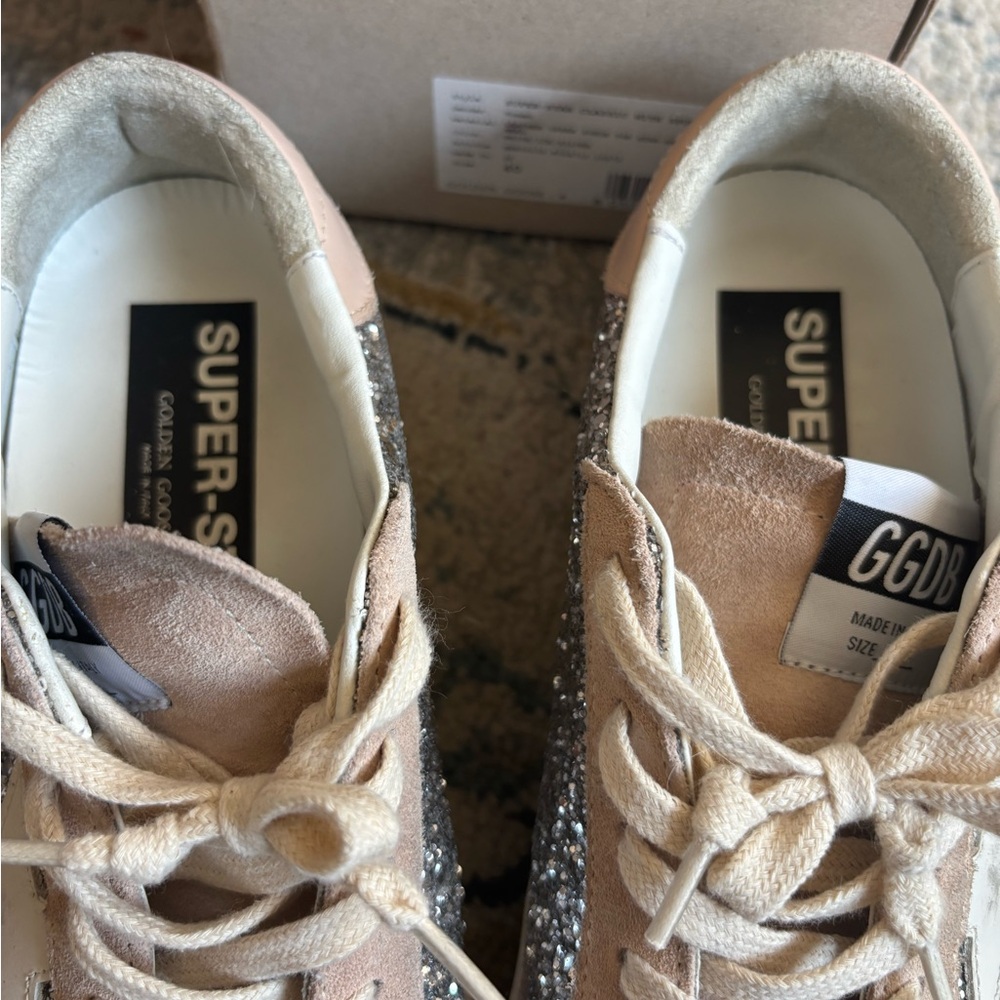 Golden Goose Glitter Sneakers in Beige and Silver